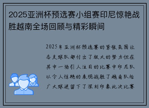 2025亚洲杯预选赛小组赛印尼惊艳战胜越南全场回顾与精彩瞬间